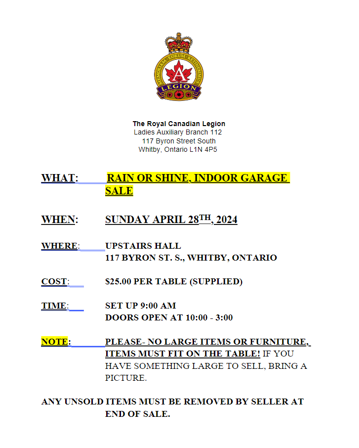 royal legion garage sale